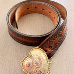 Vintage Y2K Tooled Leather Western Belt Heart Buckle Full Grain Cowhide 42 Photo 0