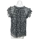 Old Navy Black Chiffon Floral Print Ruffle Short Sleeve Keyhole Blouse Top Sz L Photo 1