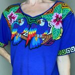 Vintage Blue Mexican Colorful Embroidered Floral Bird Tee Shirt Size M Photo 3