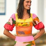 Farm Rio Tiered Top Rainbow Mixed Print Cropped Linen Multicolor Puff Sleeve Sm Photo 8