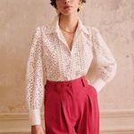 Sézane SEZANE Cara Shirt Cream Women’s Size 36 US 4 Eyelet Floral Puff Sleeve Button Up Photo 5