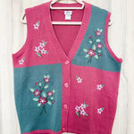 VTG Adrian Delafield Womens Sweater Vest Size L Pink Green Floral Cottage 90s Size L Photo 0