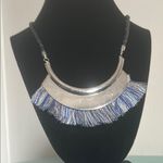Chico's 2 Boho Inspired Silver Tone Blue Fringe Geometric Cord Choker Collar Necklaces Photo 8