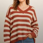 Adora Striped Knit V Neck Slouchy Sweater Small Red Photo 0