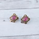 Vintage Clip On Earrings Antique Gold Tone Halo with Dark Pink Center Photo 2