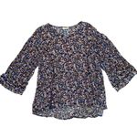 J.Jill Blouse Shirred Navy Floral Print Elliptical Hem Embroidered Boho Top LP Photo 4