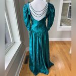 Vintage Emerald Green Floral Satin Basque Waist Floor Length Gown Dress Sz 11/12 Blue Photo 5