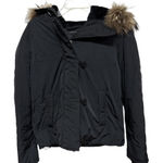 Theory  Fur Hood Puffer Jacket Black Stretch Cotton Size Medium Thick Lined Photo 0