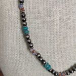 Navajo Style Pearl Necklace with Turquoise and Orange Blue Photo 1