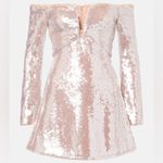 Self Portrait Long Sleeve Sequin Off Shoulder Mini Dress In Beige Photo 2