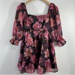 Thirty Thirty Floral‎ Mini Dress Smocked Square Neck Ruffled Cuffs Fairy Pink L Size L Photo 1