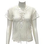 CCC Mesh Lace Up Crochet Swim Short Sleeve Cover Up Top Airy Mesh Size Medium White Photo 0