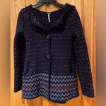 Free People Cottagecore Blue Hearts Wool Hooded Button Cardigan Sweater Size XS Photo 1