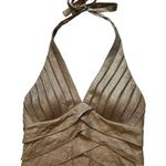 Cache Vintage Bronze Halter Shimmer Tiered Ruffle Mesh Accent Bodycon Dress Photo 9