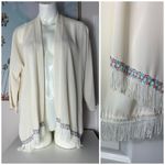 Jella Couture Beige Semi Sheer Fringe Trim Open Kimono Cardigan Size Large Photo 1