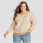 Ava & Viv  Houndstooth Crewneck Pullover Sweater Tan White 1X Photo 1