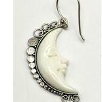 Bali Made Crescent Moon Face Carving Sterling Silver Dangle Earrings Photo 2