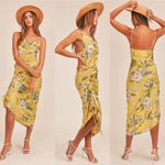 Mable Isabela Satin Tropical Floral Asymmetrical Midi Dress Yellow Medium Photo 1