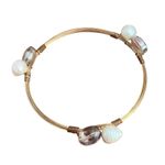 Gold Tone Wire Bangle Bracelet Genuine Pearl Glass Bead Stations Stack 8" Photo 2