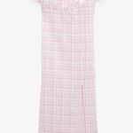 ZARA  Textured Plaid Midi Dress with Side Slit in Pink / White Photo 3