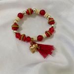 Early 2000's Stretchy Red Gold Beaded Boho Hippie Elephant Charm Tassel Bracelet Photo 0