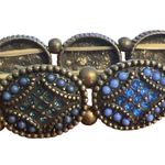 Vintage Brass Stretch Panel Stretch Bracelet Blue Rhinestones Seed Beads 7" Photo 1