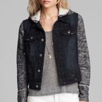 Free People Women 's Mixed Media Hooded Distressed Denim Jacket Sz XS FLAW Photo 0