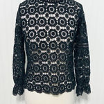 None Boho Open Knit Crochet Floral Lace Top Long Sleeves High Neck Black Size Large Photo 0