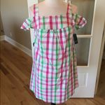 Crown & Ivy  pink lime white plaid open shoulder dress Summer New Photo 5