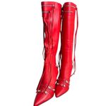 NIB Azalea‎ Wang Maeve Stiletto Boots Sz 9 Bright Red Fringe Maximalism Studded Photo 2