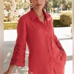 Chico's Chico’s 100% Linen Eyelet Sleeve Button Down Shirt Top Sz 18 Coral Red Photo 0