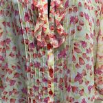 Byer Dress White/Pink/Green Floral Chiffon Pearl Button Up Blouse Size 12 Ruffle White Photo 2
