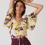 Anthropologie Maeve Cinched Floral Yellow and Burgundy Top Size Medium M Photo 0