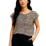 NEW TUCKER SILK ANIMAL PRINT CAP SLEEVE CREW NECK TOP XS Black Photo 0