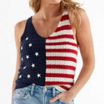 Moon & Madison Crochet American Flag Knit Tank Crop Top size Medium Red Photo 0