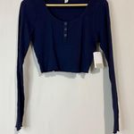 BP . Women’s Scoop Neck Waffle Knit Cropped Henley Long Sleeve Navy Size Med NWT Photo 0