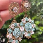 Gold Filigree Rose Earrings dangle drop flowers boho renaissance vintage large Photo 3