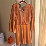 Eyelet Cut Out Western Faux Suede Dress Burnt Orange Tan Color with Bell Sleeves Size XL Photo 5