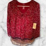 st. john's bay St. John’s Bay Blouse size S Red Neutral Scarf Floral Garden Paisley Photo 5