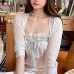 Japanese Kawaii Cream Blue Ruffle Cottage Balletcore Ribbon Bow Crop Shirt Top Size XS Photo 4