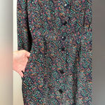Talbots Vintage  Shirt Dress 100% Silk Navy Green Floral Pattern Women’s Size 14 Photo 2