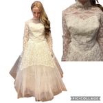 Vintage 60s Lace High Neck Wedding Gown w/ Tulle Skirt ILGWU USA small White Photo 14