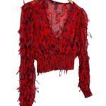 ZARA Red Floral Smocked Sheer Blouse Fringing Cropped Top Long Sleeve Size XS Photo 3