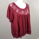 Free People Burgundy Lace Yoke Short Sleeve Crochet Knit Top Womens Size S Photo 2