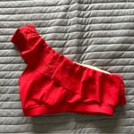 ALBION FIT  Icon Wave Ribbed Ruffle One Shoulder Bikini Swim Top Poppy Red Small Photo 6