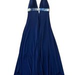 Cache Y2K Navy Blue Beaded Halter Low Cut Shark-bite Hemline Asymmetrical Dress Photo 15