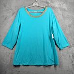 Belle by Kim Gravel Top Large Turquoise Gold Beaded Tunic Popover Slub Knit QVC Blue Photo 1