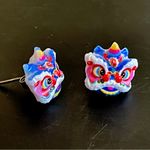 Colorful Chinese Lion lucky blue stud Dragon Mask Earrings cute small gift new Photo 2