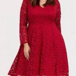 Torrid  Red Lace Long Sleeve V Neck Skater Stretch Flare Dress Size 2X Photo 0