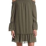 I.N. San Francisco  Off Shoulder Peplum Sleeve Mini Dress Olive Green Size S NWT Photo 0